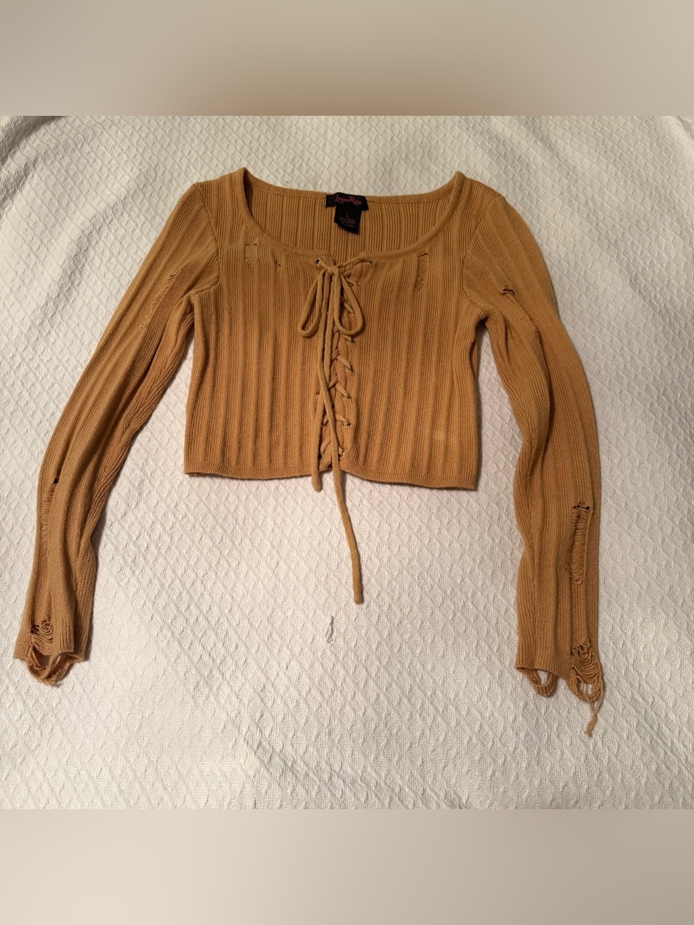 Ribbed Lace-Up Crop Top in Mustard